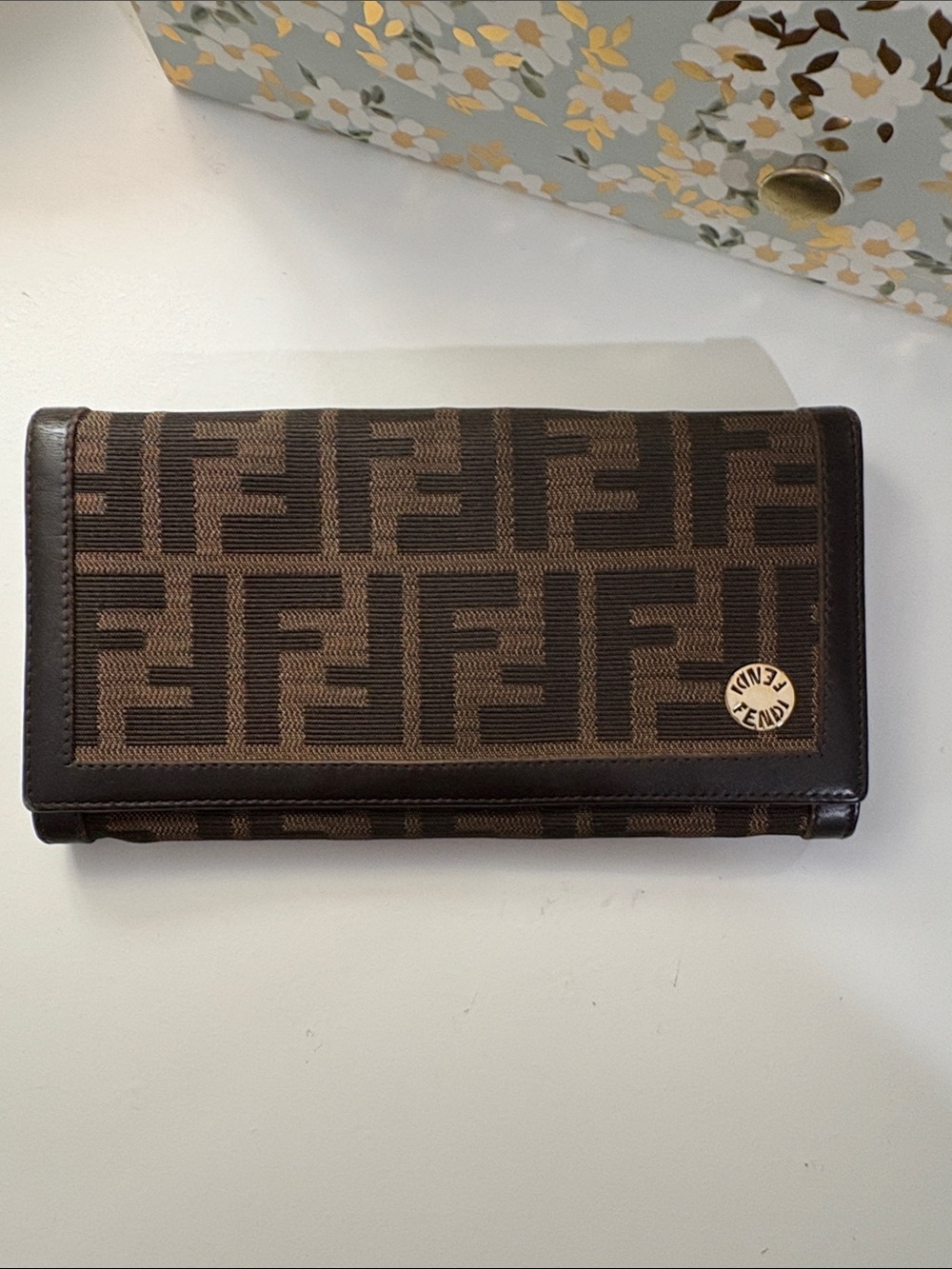 Fendi Brown FF Logo Continental Wallet with Gold Emblem